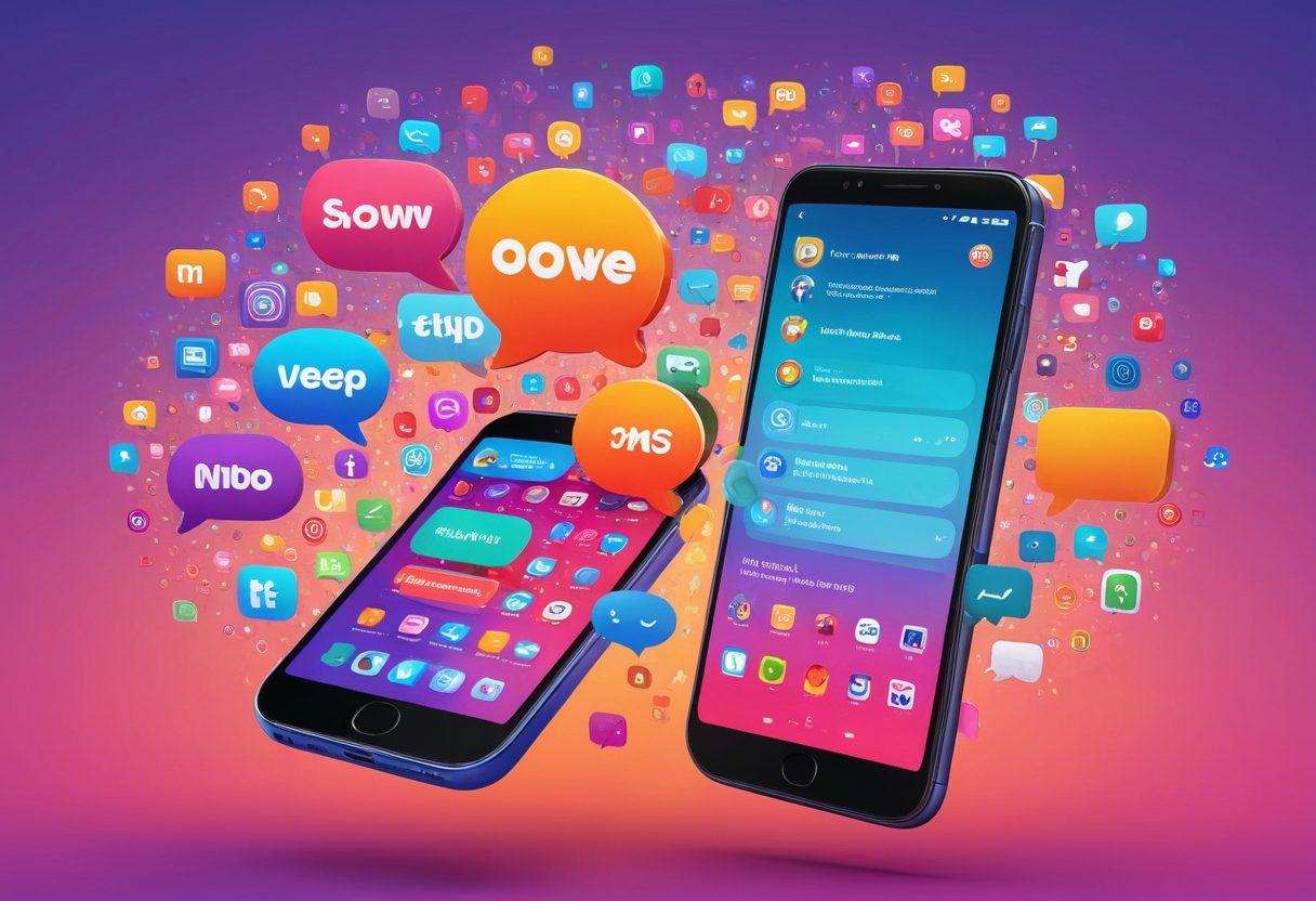 A vibrant digital collage showcasing a seamless transition from instant messaging apps on smartphones to engaging content sharing on diverse media platforms. Incorporate visual elements like chat bubbles, sharing icons, and snippets of multimedia content, all interconnected with colorful lines representing connectivity. The background should have an energetic gradient to symbolize the dynamic nature of online interactions. ultra-modern. bright and colorful. 3D elements.