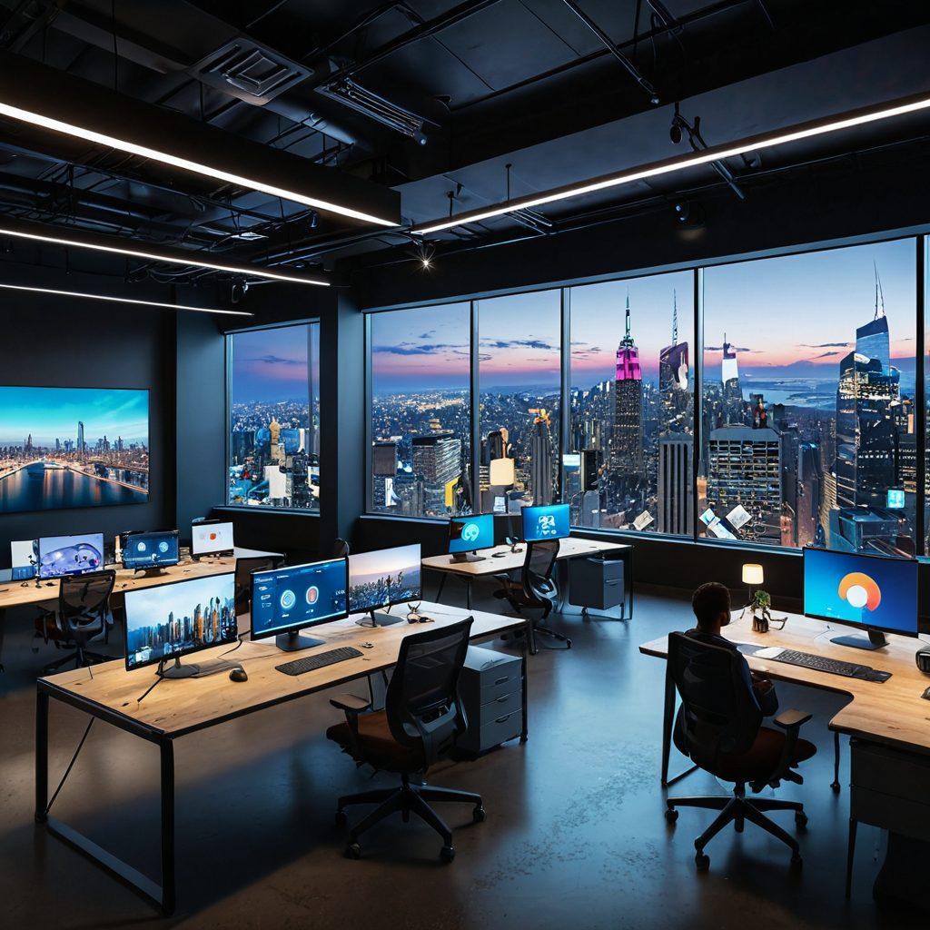 A futuristic digital workspace showcasing diverse individuals engaging with various communication tools, such as video calls, chat applications, and interactive boards. The background features a vibrant cityscape filled with advanced technology and colorful screens displaying real-time data. Emphasize collaboration and connectivity with glowing visual elements. super-realistic. vibrant colors. 3D.