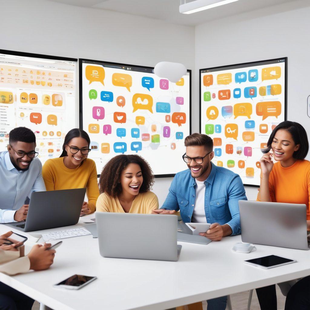 A dynamic digital workspace featuring a diverse group of individuals engaging in online communication through various devices like laptops, tablets, and smartphones. The background should showcase vibrant chat bubbles and icons representing emojis and digital messaging apps, creating a lively atmosphere. Incorporate flowcharts and strategy maps on screens to highlight effective messaging strategies. Use bright colors to evoke energy and creativity. super-realistic. vibrant colors. white background.